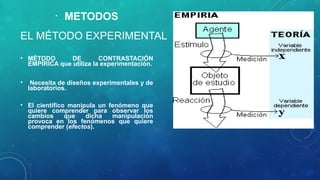 EL MÉTODO EXPERIMENTAL
• METODOS
• MÉTODO DE CONTRASTACIÓN
EMPÍRICA que utiliza la experimentación.
• Necesita de diseños experimentales y de
laboratorios.
• El científico manipula un fenómeno que
quiere comprender para observar los
cambios que dicha manipulación
provoca en los fenómenos que quiere
comprender (efectos).
 