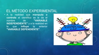 EL MÉTODO EXPERIMENTAL
• A la realidad que manipula o
controla el científico se le da el
nombre de "VARIABLE
INDEPENDIENTE" y a la realidad en
la que influye la anterior
"VARIABLE DEPENDIENTE".
 