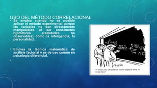 USO DEL MÉTODO CORRELACIONAL
• Se emplea cuando no es posible
aplicar el método experimental porque
las variables no son directamente
manipulables al ser constructos
hipotéticos (realidades no
observables) como la inteligencia, la
personalidad...
• Emplea la técnica matemática de
análisis factorial y es de uso común en
psicología diferencial.
•
 