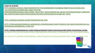 LINKS DE INTERÉS
HTTP://BOOKS.GOOGLE.COM.AR/BOOKS?ID=FFLVAZIIN60C&PG=PA44&DQ=OBJETO+DE+ESTUDIO+DE+
+LA+PSICOLOG%C3%8DA.&HL=ES&EI=KCHITM-
DD8H48AAIM9YXCG&SA=X&OI=BOOK_RESULT&CT=RESULT&RESNUM=2&VED=0CDGQ6AEWAQ#V=ONEPAGE
&Q=OBJETO%20DE%20ESTUDIO%20DE%20%20LA%20PSICOLOG%C3%8DA.&F=FALSE
HTTP://DEISMO.IESPANA.ES/METODOCIENTIFICO.HTM
HTTP://PSICOLOGIADIFERENCIAL.WIKISPACES.COM/MESSAGE/VIEW/TECNICAS+DE+INVESTIGACION+EN+LA+
PSICOLOGIA+DIFERENCIAL+I/1011737
HTTP://WWW.MONOGRAFIAS.COM/TRABAJOS48/METODOS-PSICOLOGIA/METODOS-PSICOLOGIA.SHTML
EN LINEA HTTP://ES.PSICOLOGIA.WIKIA.COM/WIKI/M%C3%A9TODO_EXPERIMENTAL_EN_PSICOLOG%C3%ADA
EN LINEA HTTP://WWW.ETORREDEBABEL.COM/PSICOLOGIA/VOCABULARIO/METODO-CORRELACIONAL.HTM
 