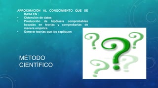 MÉTODO
CIENTÍFICO
 Google,2010.
APROXIMACIÓN AL CONOCIMIENTO QUE SE
BASA EN :
• Obtención de datos
• Producción de hipótesis comprobables
basadas en teorías y comprobarlas de
manera empírica
• Generar teorías que los expliquen
 