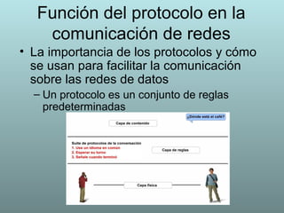Función del protocolo en la
comunicación de redes
• La importancia de los protocolos y cómo
se usan para facilitar la comunicación
sobre las redes de datos
– Un protocolo es un conjunto de reglas
predeterminadas
 
