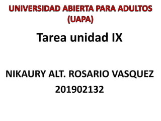 Tarea unidad IX
NIKAURY ALT. ROSARIO VASQUEZ
201902132
 