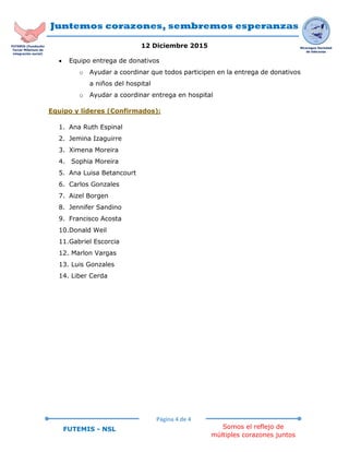 Juntemos corazones, sembremos esperanzas
12 Diciembre 2015
Página 4 de 4
Somos el reflejo de
múltiples corazones juntos
FUTEMIS - NSL
Nicaragua Sociedad
de liderazgo
FUTEMIS (Fundación
Tercer Milenium de
integración social)
 Equipo entrega de donativos
o Ayudar a coordinar que todos participen en la entrega de donativos
a niños del hospital
o Ayudar a coordinar entrega en hospital
Equipo y líderes (Confirmados):
1. Ana Ruth Espinal
2. Jemina Izaguirre
3. Ximena Moreira
4. Sophia Moreira
5. Ana Luisa Betancourt
6. Carlos Gonzales
7. Aizel Borgen
8. Jennifer Sandino
9. Francisco Acosta
10.Donald Weil
11.Gabriel Escorcia
12. Marlon Vargas
13. Luis Gonzales
14. Liber Cerda
 