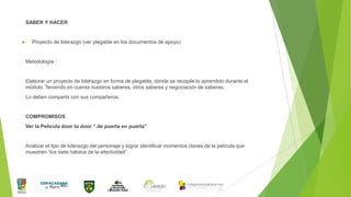 SABER Y HACER



Proyecto de liderazgo (ver plegable en los documentos de apoyo)

Metodología :

Elaborar un proyecto de liderazgo en forma de plegable, donde se recopile lo aprendido durante el
módulo. Teniendo en cuenta nuestros saberes, otros saberes y negociación de saberes.
Lo deben compartir con sus compañeros.

COMPROMISOS
Ver la Película door to door “ de puerta en puerta”

Analizar el tipo de liderazgo del personaje y lograr identificar momentos claves de la película que
muestren “los siete hábitos de la efectividad”

 