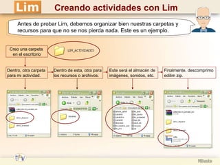 Antes de probar Lim, debemos organizar bien nuestras carpetas y recursos para que no se nos pierda nada. Este es un ejemplo. Creo una carpeta  en el escritorio Dentro, otra carpeta  para mi actividad. Dentro de esta, otra para  los recursos o archivos. Este será el almacén de  imágenes, sonidos, etc. Finalmente, descomprimo  edilim zip. Creando actividades con Lim 