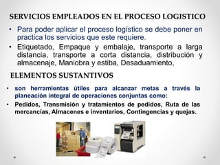 SERVICIOS EMPLEADOS EN EL PROCESO LOGISTICO
• Para poder aplicar el proceso logístico se debe poner en
practica los servicios que este requiere.
• Etiquetado, Empaque y embalaje, transporte a larga
distancia, transporte a corta distancia, distribución y
almacenaje, Maniobra y estiba, Desaduamiento,
ELEMENTOS SUSTANTIVOS
• son herramientas útiles para alcanzar metas a través la
planeación integral de operaciones conjuntas como:
• Pedidos, Transmisión y tratamientos de pedidos, Ruta de las
mercancías, Almacenes e inventarios, Contingencias y quejas.
 