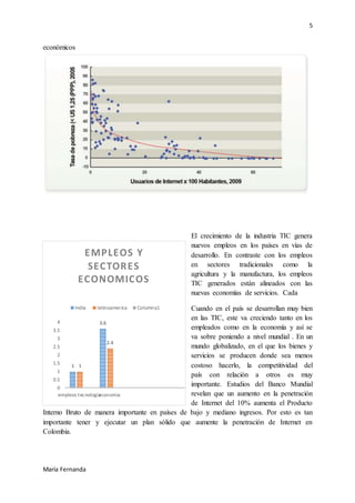 5
María Fernanda
económicos
El crecimiento de la industria TIC genera
nuevos empleos en los países en vías de
desarrollo. En contraste con los empleos
en sectores tradicionales como la
agricultura y la manufactura, los empleos
TIC generados están alineados con las
nuevas economías de servicios. Cada
Cuando en el país se desarrollan muy bien
en las TIC, este va creciendo tanto en los
empleados como en la economía y así se
va sobre poniendo a nivel mundial . En un
mundo globalizado, en el que los bienes y
servicios se producen donde sea menos
costoso hacerlo, la competitividad del
país con relación a otros es muy
importante. Estudios del Banco Mundial
revelan que un aumento en la penetración
de Internet del 10% aumenta el Producto
Interno Bruto de manera importante en países de bajo y mediano ingresos. Por esto es tan
importante tener y ejecutar un plan sólido que aumente la penetración de Internet en
Colombia.
1
3.6
1
2.4
0
0.5
1
1.5
2
2.5
3
3.5
4
empleos tecnologiaeconomia
EMPLEOS Y
SECTORES
ECONOMICOS
India latinoamerica Columna1
 