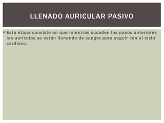  Esta etapa consiste en que mientras suceden los pasos anteriores
las aurículas se están llenando de sangre para seguir con el ciclo
cardiaco.
LLENADO AURICULAR PASIVO
 