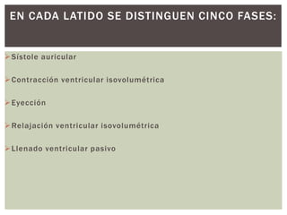 Sístole auricular
Contracción ventricular isovolumétrica
Eyección
Relajación ventricular isovolumétrica
Llenado ventricular pasivo
EN CADA LATIDO SE DISTINGUEN CINCO FASES:
 