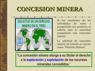CONCESION MINERACONCESION MINERA
Si los resultados de las
actividades de cateo y
prospección son positivos se
solicita ante la autoridad
competente una concesión
minera.
La solicitud de concesión
minera en trámite se conoce
como “Petitorio Minero”
“La concesión minera otorga a su titular el derecho
a la exploración y explotación de los recursos
minerales concedidos.”
 