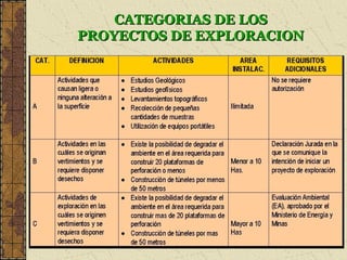 CATEGORIAS DE LOSCATEGORIAS DE LOS
PROYECTOS DE EXPLORACIONPROYECTOS DE EXPLORACION
 