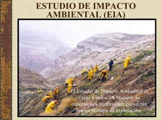 ESTUDIO DE IMPACTO
AMBIENTAL (EIA)
El Estudio de Impacto Ambiental se
exige a todos los titulares de
concesiones mineras que proyectan
iniciar la etapa de explotación.
 
