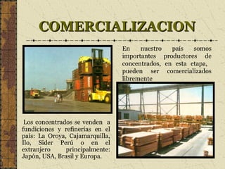 COMERCIALIZACIONCOMERCIALIZACION
Los concentrados se venden a
fundiciones y refinerías en el
país: La Oroya, Cajamarquilla,
Ilo, Sider Perú o en el
extranjero principalmente:
Japón, USA, Brasil y Europa.
En nuestro país somos
importantes productores de
concentrados, en esta etapa,
pueden ser comercializados
libremente
 