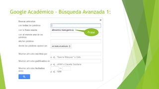 Google Académico - Búsqueda Avanzada 1:
Frase
 