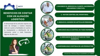 El almacenaje de los artículos reporta una
serie de ventajas a nuestra empresa
tanto en cuanto a facilidades en cuanto a
la manipulación y distribución de la
mercancía como a nivel financiero.
Algunas de ellas son:
 