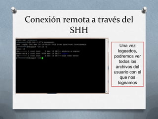 Conexión remota a través del
           SHH
                          Una vez
                        logeados,
                      podremos ver
                         todos los
                       archivos del
                      usuario con el
                          que nos
                        logeamos
 