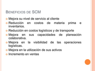 BENEFICIOS DE SCM
 Mejora su nivel de servicio al cliente
 Reducción     en costos de materia prima e
  inventarios.
 R...