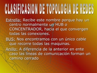 Estrella:  Recibe este nombre porque hay un centro normalmente un HUB o CONCENTRADOR, hacia el que convergen todas las conexiones. BUS:  Nos encontramos con un único cable que recorre todas las maquinas. Anillo:  A diferencia de la anterior en ente caso las líneas de comunicación forman un camino cerrado  CLASIFICASION DE TOPOLOGIA DE REDES 