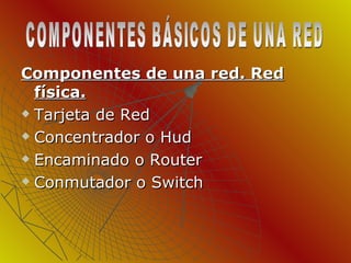 Componentes de una red. Red física. Tarjeta de Red Concentrador o Hud Encaminado o Router Conmutador o Switch COMPONENTES BÁSICOS DE UNA RED 
