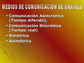 Comunicación Asincrónica (Tiempo diferido). Comunicación Sincrónica (Tiempo real) Simétrica Asimétrica MEDIOS DE COMUNICACIÓN DE UNA RED 