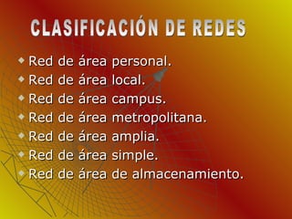 Red de área personal.  Red de área local.  Red de área campus.  Red de área metropolitana. Red de área amplia. Red de área simple. Red de área de almacenamiento. CLASIFICACIÓN DE REDES 