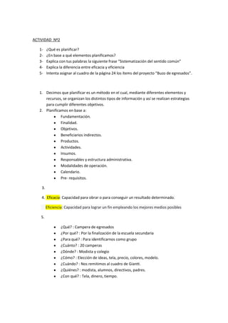 ACTIVIDAD Nº2

   1-    ¿Qué es planificar?
   2-    ¿En base a qué elementos planificamos?
   3-    Explica con tus palabras la siguiente frase “Sistematización del sentido común”
   4-    Explica la diferencia entre eficacia y eficiencia
   5-    Intenta asignar al cuadro de la página 24 los ítems del proyecto “Buzo de egresados”.



   1. Decimos que planificar es un método en el cual, mediante diferentes elementos y
      recursos, se organizan los distintos tipos de información y así se realizan estrategias
      para cumplir diferentes objetivos.
   2. Planificamos en base a:
               Fundamentación.
               Finalidad.
               Objetivos.
               Beneficiarios indirectos.
               Productos.
               Actividades.
               Insumos.
               Responsables y estructura administrativa.
               Modalidades de operación.
               Calendario.
               Pre- requisitos.

    3.

    4. Eficacia: Capacidad para obrar o para conseguir un resultado determinado.

         Eficiencia: Capacidad para lograr un fin empleando los mejores medios posibles

    5.

                 ¿Qué? : Campera de egresados
                 ¿Por qué? : Por la finalización de la escuela secundaria
                 ¿Para qué? : Para identificarnos como grupo
                 ¿Cuánto? : 20 camperas
                 ¿Dónde? : Modista y colegio
                 ¿Cómo? : Elección de ideas, tela, precio, colores, modelo.
                 ¿Cuándo? : Nos remitimos al cuadro de Giantt.
                 ¿Quiénes? : modista, alumnos, directivos, padres.
                 ¿Con qué? : Tela, dinero, tiempo.
 