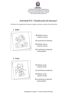 UNIVERSIDAD NACIONAL ANDRÉS BELLO
                          FACULTAD DE HUMANIDADES Y EDUCACIÓN
                           ESCUELA DE EDUCACIÓN INICIAL Y BÁSICA
                               EDUCACIÓN GENERAL BÁSICA (v)




             Actividad N°2: “Clasificación de fonemas”
Clasificar los siguientes fonemas, según su punto y modo de articulación.


   1. Bebé


                                          B: bilabial, sonora
                                            oclusiva, sonora

                                         E: vocal fuerte (o abierta)

                                         B: bilabial, sonora
                                           oclusiva, sonora

                                         É: vocal fuerte (o abierta)
                                           acento gráfico



   2. Papá


                                         P: bilabial, sorda
                                            oclusiva sorda

                                         A: vocal fuerte (o abierta)

                                         P: bilabial, sorda
                                            oclusiva, sorda

                                        Á: vocal fuerte (o abierta)
                                           acento gráfico




                    Pedagogía del Lenguaje I – Profesora Raquel Villalobos
 