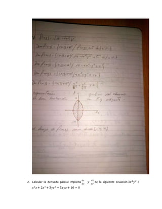 2. Calcular la derivada parcial implícita
𝑑𝑧
𝑑𝑥
𝑦
𝑑𝑧
𝑑𝑦
de la siguiente ecuación 3𝑥2
𝑦2
+
𝑥2
𝑧 + 2𝑧3
+ 3𝑦𝑧2
− 5𝑥𝑦𝑧 + 10 = 0
 