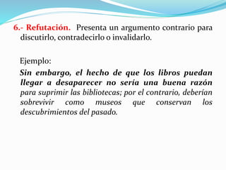 6.- Refutación. Presenta un argumento contrario para
discutirlo, contradecirlo o invalidarlo.
Ejemplo:
Sin embargo, el hecho de que los libros puedan
llegar a desaparecer no sería una buena razón
para suprimir las bibliotecas; por el contrario, deberían
sobrevivir como museos que conservan los
descubrimientos del pasado.
 