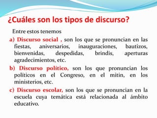 ¿Cuáles son los tipos de discurso?
Entre estos tenemos
a) Discurso social , son los que se pronuncian en las
fiestas, aniversarios, inauguraciones, bautizos,
bienvenidas, despedidas, brindis, aperturas
agradecimientos, etc.
b) Discurso político, son los que pronuncian los
políticos en el Congreso, en el mitin, en los
ministerios, etc.
c) Discurso escolar, son los que se pronuncian en la
escuela cuya temática está relacionada al ámbito
educativo.
 