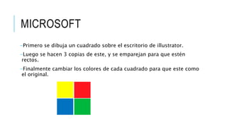 MICROSOFT
-Primero se dibuja un cuadrado sobre el escritorio de illustrator.
-Luego se hacen 3 copias de este, y se emparejan para que estén
rectos.
-Finalmente cambiar los colores de cada cuadrado para que este como
el original.
 