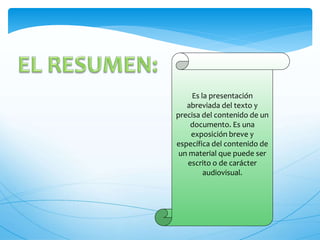 Es la presentación 
abreviada del texto y 
precisa del contenido de un 
documento. Es una 
exposición breve y 
específica del contenido de 
un material que puede ser 
escrito o de carácter 
audiovisual. 
 