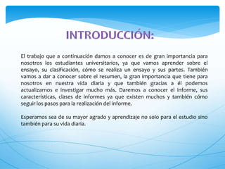 El trabajo que a continuación damos a conocer es de gran importancia para 
nosotros los estudiantes universitarios, ya que vamos aprender sobre el 
ensayo, su clasificación, cómo se realiza un ensayo y sus partes. También 
vamos a dar a conocer sobre el resumen, la gran importancia que tiene para 
nosotros en nuestra vida diaria y que también gracias a él podemos 
actualizarnos e investigar mucho más. Daremos a conocer el informe, sus 
características, clases de informes ya que existen muchos y también cómo 
seguir los pasos para la realización del informe. 
Esperamos sea de su mayor agrado y aprendizaje no solo para el estudio sino 
también para su vida diaria. 
 