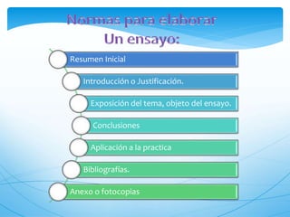 Resumen Inicial 
Introducción o Justificación. 
Exposición del tema, objeto del ensayo. 
Conclusiones 
Aplicación a la practica 
Bibliografías. 
Anexo o fotocopias 
 