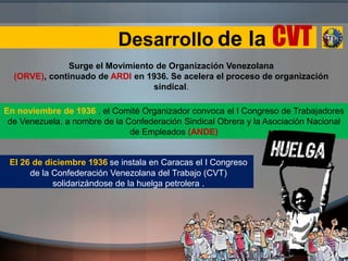 Desarrollo de la CVT
Surge el Movimiento de Organización Venezolana
(ORVE), continuado de ARDI en 1936. Se acelera el proceso de organización
sindical.
En noviembre de 1936 , el Comité Organizador convoca el I Congreso de Trabajadores
de Venezuela, a nombre de la Confederación Sindical Obrera y la Asociación Nacional
de Empleados (ANDE)
El 26 de diciembre 1936 se instala en Caracas el I Congreso
de la Confederación Venezolana del Trabajo (CVT)
solidarizándose de la huelga petrolera .
 