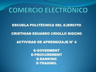 ESCUELA POLITÉCNICA DEL EJERCITO
CRISTHIAN EDUARDO CRIOLLO SIGCHO
ACTIVIDAD DE APRENDIZAJE N° 4
E-GOVERMENT
E-PROCUREMENT
E-BANKING
E-TRADING.
 