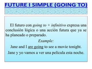 El futuro con going to + infinitivo expresa una 
conclusión lógica o una acción futura que ya se 
ha planeado o preparado. 
Example: 
Jane and I are going to see a movie tonight. 
Jane y yo vamos a ver una película esta noche. 
 