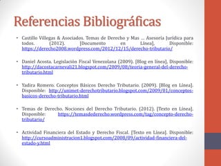Referencias Bibliográficas
• Castillo Villegas & Asociados. Temas de Derecho y Mas … Asesoría Jurídica para
todos. (2012). [Documento en Línea], Disponible:
https://derecho2008.wordpress.com/2012/12/15/derecho-tributario/
• Daniel Acosta. Legislación Fiscal Venezolana (2009). [Blog en línea], Disponible:
http://dacostacarnevali21.blogspot.com/2009/08/teoria-general-del-derecho-
tributario.html
• Yadira Romero. Conceptos Básicos Derecho Tributario. (2009). [Blog en Línea].
Disponible: http://unimet-derechotributario.blogspot.com/2009/01/conceptos-
basicos-derecho-tributario.html
• Temas de Derecho. Nociones del Derecho Tributario. (2012). [Texto en Línea].
Disponible: https://temasdederecho.wordpress.com/tag/concepto-derecho-
tributario/
• Actividad Financiera del Estado y Derecho Fiscal. [Texto en Línea]. Disponible:
http://cursoadministracion1.blogspot.com/2008/09/actividad-financiera-del-
estado-y.html
 