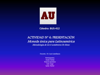 Cátedra: BUS-412
ACTIVIDAD N° 6: PRESENTACIÓN
Moneda única para Latinoamérica
Metodología de los 6 sombreros De Bono
Docente: Dr. Luis Castellanos
Participantes:
Anadi Rodas
Francis Quintero
Luis Lugo
Larry Ferrer
 