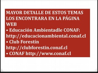 MAYOR DETALLE DE ESTOS TEMAS
LOS ENCONTRARA EN LA PÁGINA
WEB
• Educación Ambientadle CONAF:
http://educacionambiental.conaf.cl
• Club Forestín
http://clubforestin.conaf.cl
• CONAF http://www.conaf.cl
 