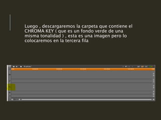 Luego , descargaremos la carpeta que contiene el
CHROMA KEY ( que es un fondo verde de una
misma tonalidad ) , esta es una imagen pero lo
colocaremos en la tercera fila
 