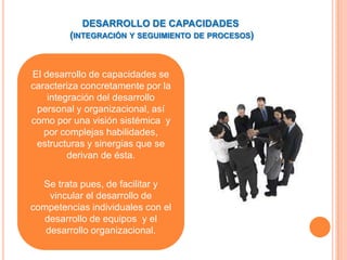 DESARROLLO DE CAPACIDADES
        (INTEGRACIÓN Y SEGUIMIENTO DE PROCESOS)



El desarrollo de capacidades se
caracteriza concretamente por la
    integración del desarrollo
 personal y organizacional, así
como por una visión sistémica y
   por complejas habilidades,
 estructuras y sinergias que se
         derivan de ésta.

  Se trata pues, de facilitar y
    vincular el desarrollo de
competencias individuales con el
  desarrollo de equipos y el
   desarrollo organizacional.
 
