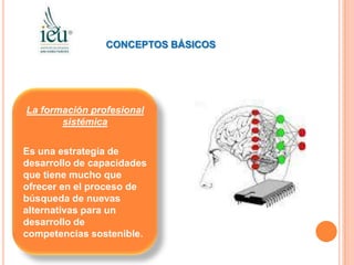 CONCEPTOS BÁSICOS




La formación profesional
       sistémica

Es una estrategia de
desarrollo de capacidades
que tiene mucho que
ofrecer en el proceso de
búsqueda de nuevas
alternativas para un
desarrollo de
competencias sostenible.
 