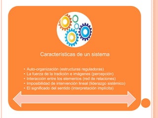 Características de un sistema

•   Auto-organización (estructuras reguladoras)
•   La fuerza de la tradición e imágenes (percepción)
•   Interacción entre los elementos (red de relaciones)
•   Imposibilidad de intervención lineal (liderazgo sistémico)
•   El significado del sentido (interpretación implícita)
 
