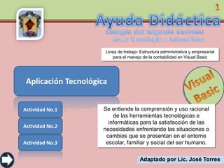 Aplicación Tecnológica
Actividad No.1
Actividad No.2
Actividad No.3
Adaptado por Lic. José Torres
Linea de trabajo: Estructura administrativa y empresarial
para el manejo de la contabilidad en Visual Basic
Se entiende la comprensión y uso racional
de las herramientas tecnológicas e
informáticas para la satisfacción de las
necesidades enfrentando las situaciones o
cambios que se presentan en el entorno
escolar, familiar y social del ser humano.
 