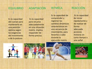 EQUILIBRIO ADAPTACIÓN RITMÍCA REACCIÓN 
Es la capacidad 
del cuerpo para 
mantenerlo en 
una posición 
óptima según 
las exigencias 
del movimiento 
o de la postura 
Es la capacidad 
para situarse 
adecuadamente 
en una situación 
motriz, implica 
responder de 
forma precisa. 
Es la capacidad de 
comprender y 
registrar los 
cambios dinámicos 
característicos en 
una secuencia de 
movimiento, para 
llevarlos a cabo 
durante la 
ejecución motriz. 
Es la capacidad 
de iniciar 
rápidamente y 
de realizar de 
forma 
adecuada 
acciones 
motoras en 
corto tiempo a 
una señal 
 