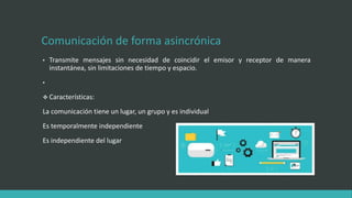 Comunicación de forma asincrónica
• Transmite mensajes sin necesidad de coincidir el emisor y receptor de manera
instantánea, sin limitaciones de tiempo y espacio.
•
 Características:
La comunicación tiene un lugar, un grupo y es individual
Es temporalmente independiente
Es independiente del lugar
 