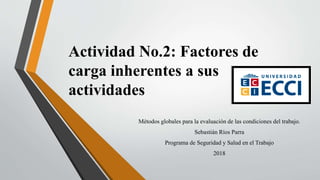 Actividad No.2: Factores de
carga inherentes a sus
actividades
Métodos globales para la evaluación de las condiciones del trabajo.
Sebastián Ríos Parra
Programa de Seguridad y Salud en el Trabajo
2018
 