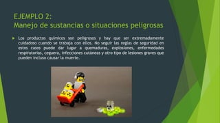 EJEMPLO 2:
Manejo de sustancias o situaciones peligrosas
 Los productos químicos son peligrosos y hay que ser extremadamente
cuidadoso cuando se trabaja con ellos. No seguir las reglas de seguridad en
estos casos puede dar lugar a quemaduras, explosiones, enfermedades
respiratorias, ceguera, infecciones cutáneas y otro tipo de lesiones graves que
pueden incluso causar la muerte.
 